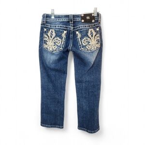 Y2K Vintage Miss Me Capri Jeans Size 25 Bedazzled Pockets Fluer De Lis Dark Wash